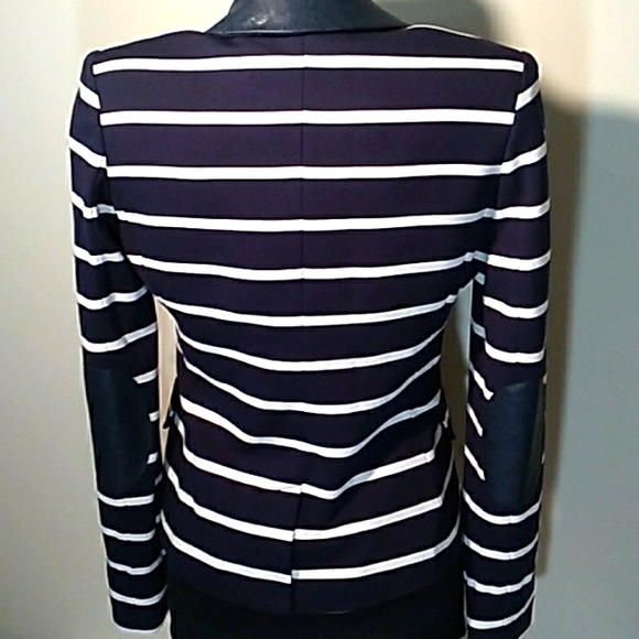 Sharp looking Navy White Blazer with Faux Leather Elbow Patchs and Collar - Picture 6 of 11